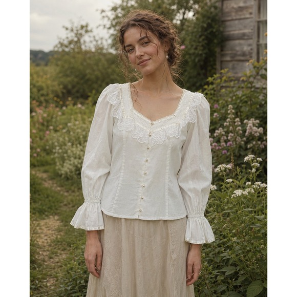 Gunne Sax Tops - Gunne Sax Jessica McClintock Lace Victorian Blouse Pearl Button Size 9 Vtg 70s